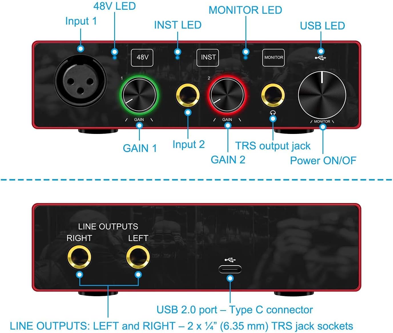 Audio Interface USB Audio Interface with Mic Preamplifier USB Audio Mixer Recorder with 48V Phantom Power, 24 Bit, Support Tablet