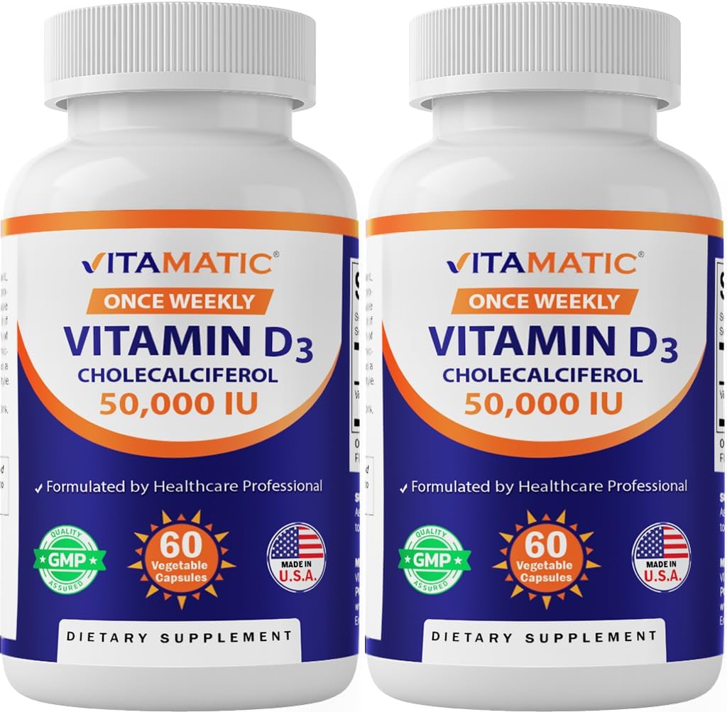 Vitamatic 2 Pack Vitamin D3 50, 000 IU (as Cholecalciferol), Once Weekly Dose, 1250 mcg, 60 Veggie Capsules 1 Year Supply