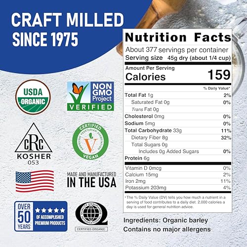 Great River Milling Organic Hulled Barley, Whole Grain, 25 lb | Organic Hulled Barley for soups, stews, pilaf, porridge, salads, grain bowls and home milling; chewy whole-grain texture and