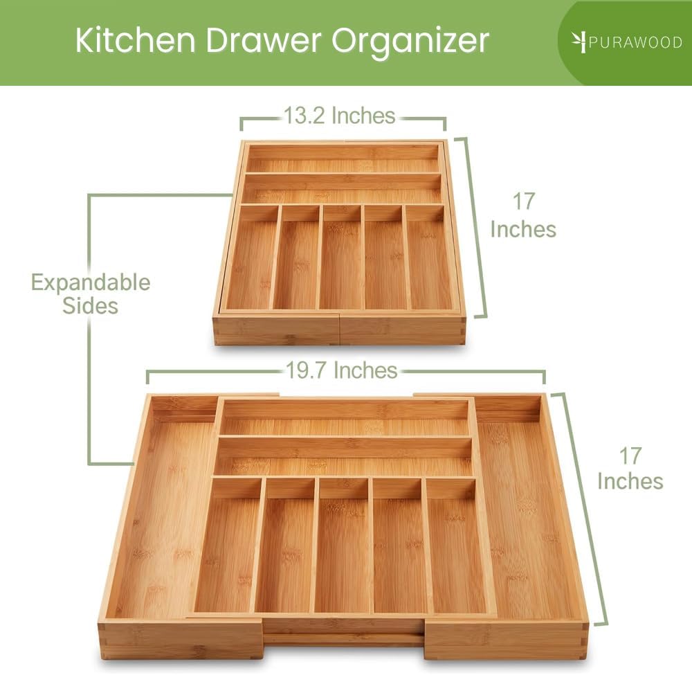 Purawood Kitchen Drawer Organizer - Expandable Utensil Drawer Organizer for Kitchen, Cutlery Tray & Silverware Organizer