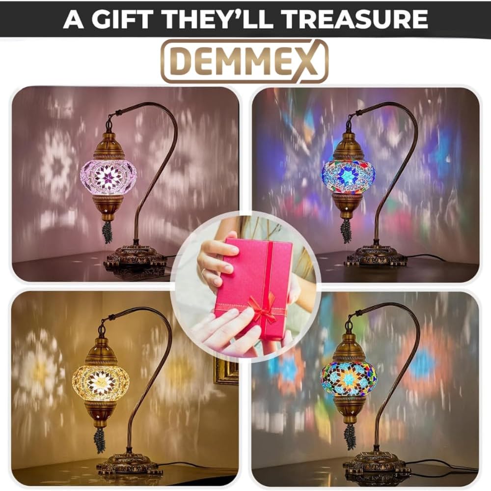 DEMMEX Turkish Table Lamp Moroccan Bedside Light Handmade Tiffany Mosaic Glass Boho Artisan Accent Lighting for Bedroom Living Room, Antique Brass Finish – 15" H, Multicolor