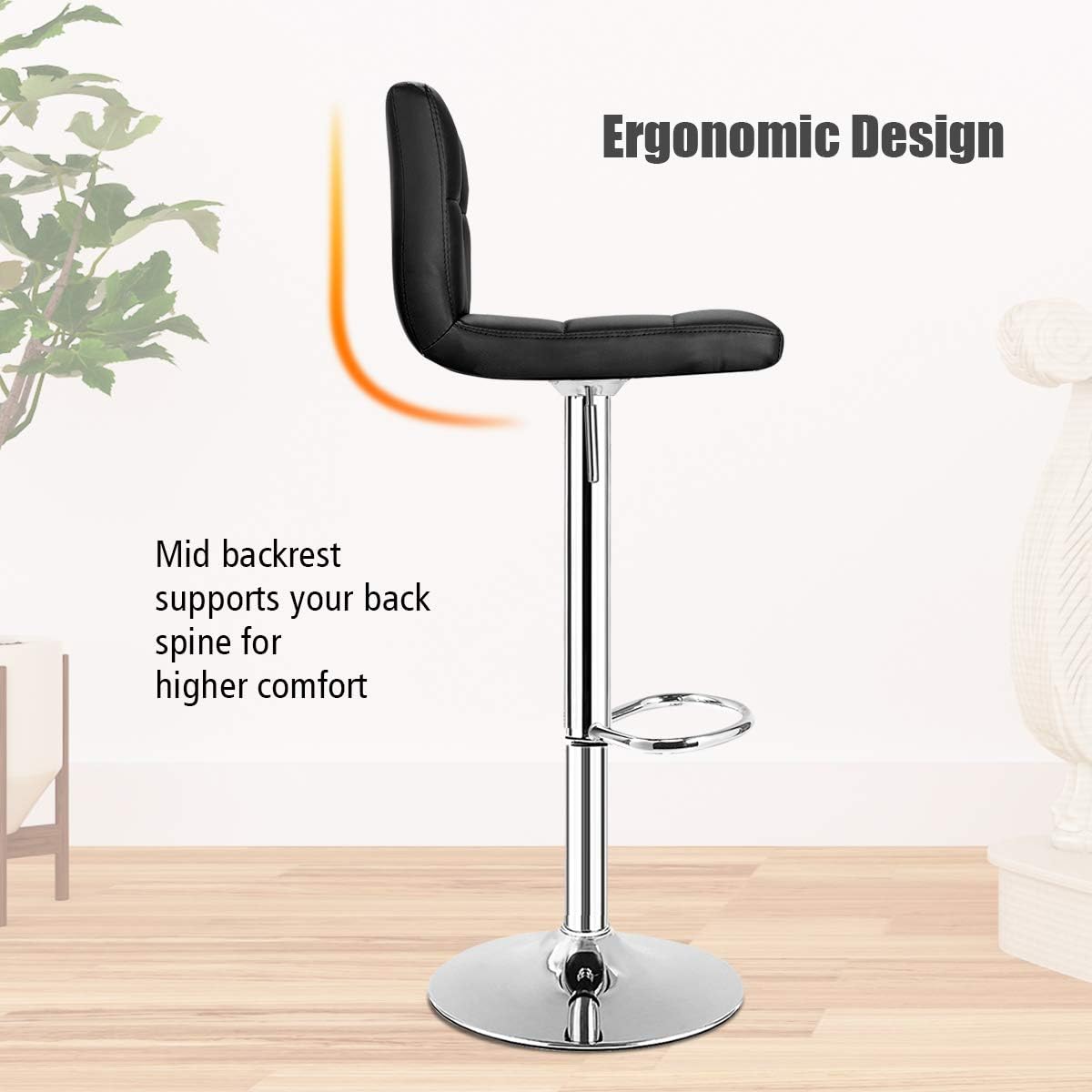 COSTWAY Bar Stool, Modern Swivel Adjustable Height PU Leather Barstools with Back, Square Armless Counter Height Bar Chair for Kitchen Island Dining Living Bistro Pub Counter, Black