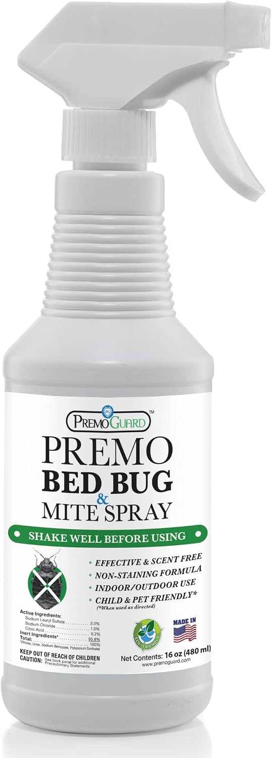 Premo Guard Bed Bug & Mite Killer Spray – University Tested 100% Kill Rate | Natural, Safe for Bedding, Furniture, Fabrics, and Clothing, Non Toxic, Stain & Scent Free, Child & Pet Safe