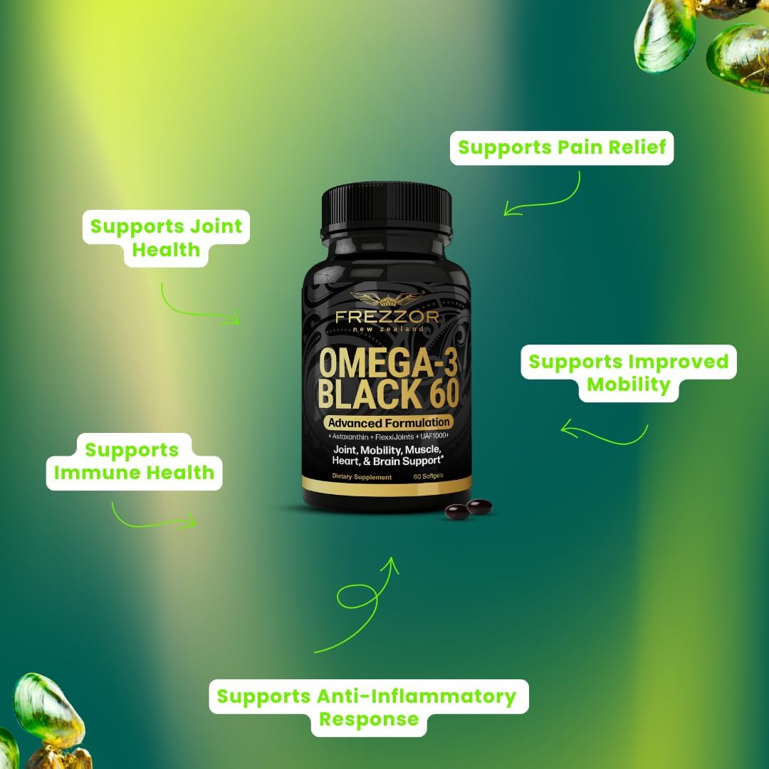 FREZZOR Omega 3 Black for Joint Care & Comfort - New Zealand Green Lipped Mussel Oil Capsules; 53x Higher Potency with UAF1000+ Super Antioxidant, No Fishy Aftertaste, 1-Pack, 60 Softgels