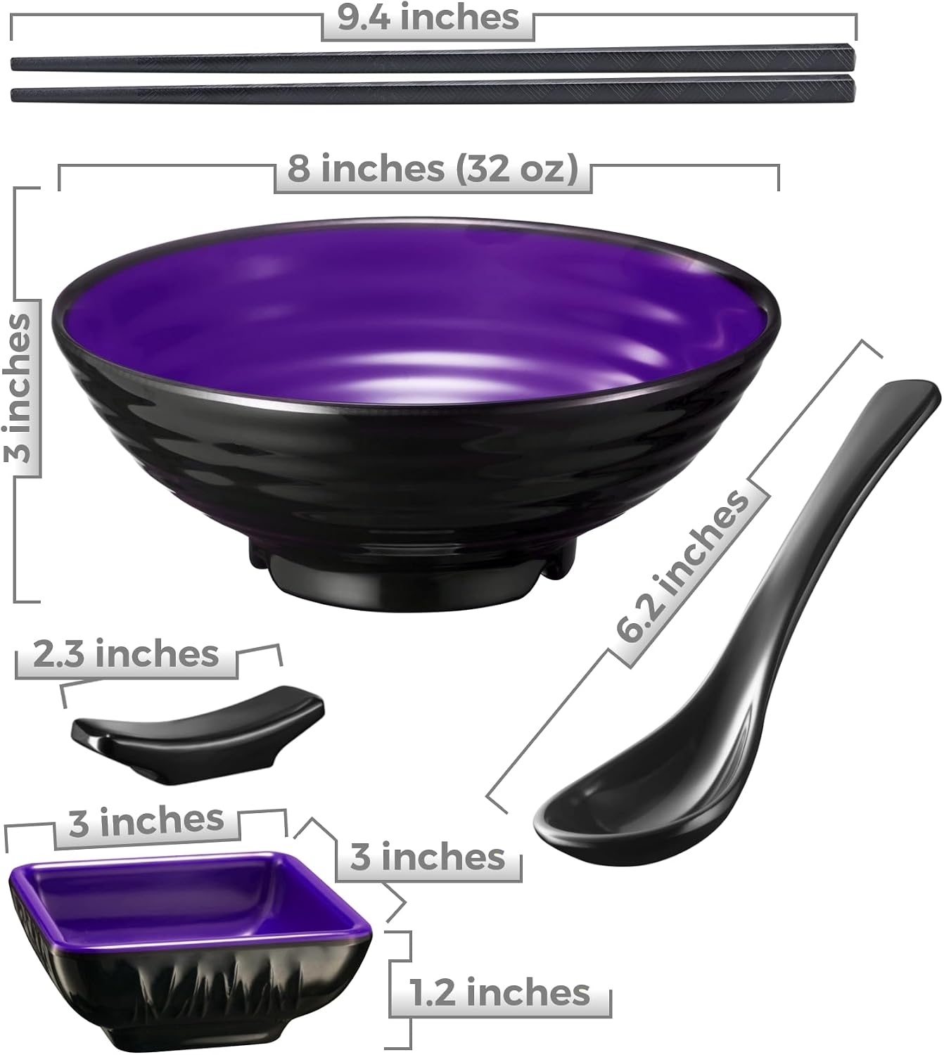 Unbreakable Ramen Bowl Set with Chopsticks and Spoon: 2 large Japanese Style Melamine Ramen Bowls