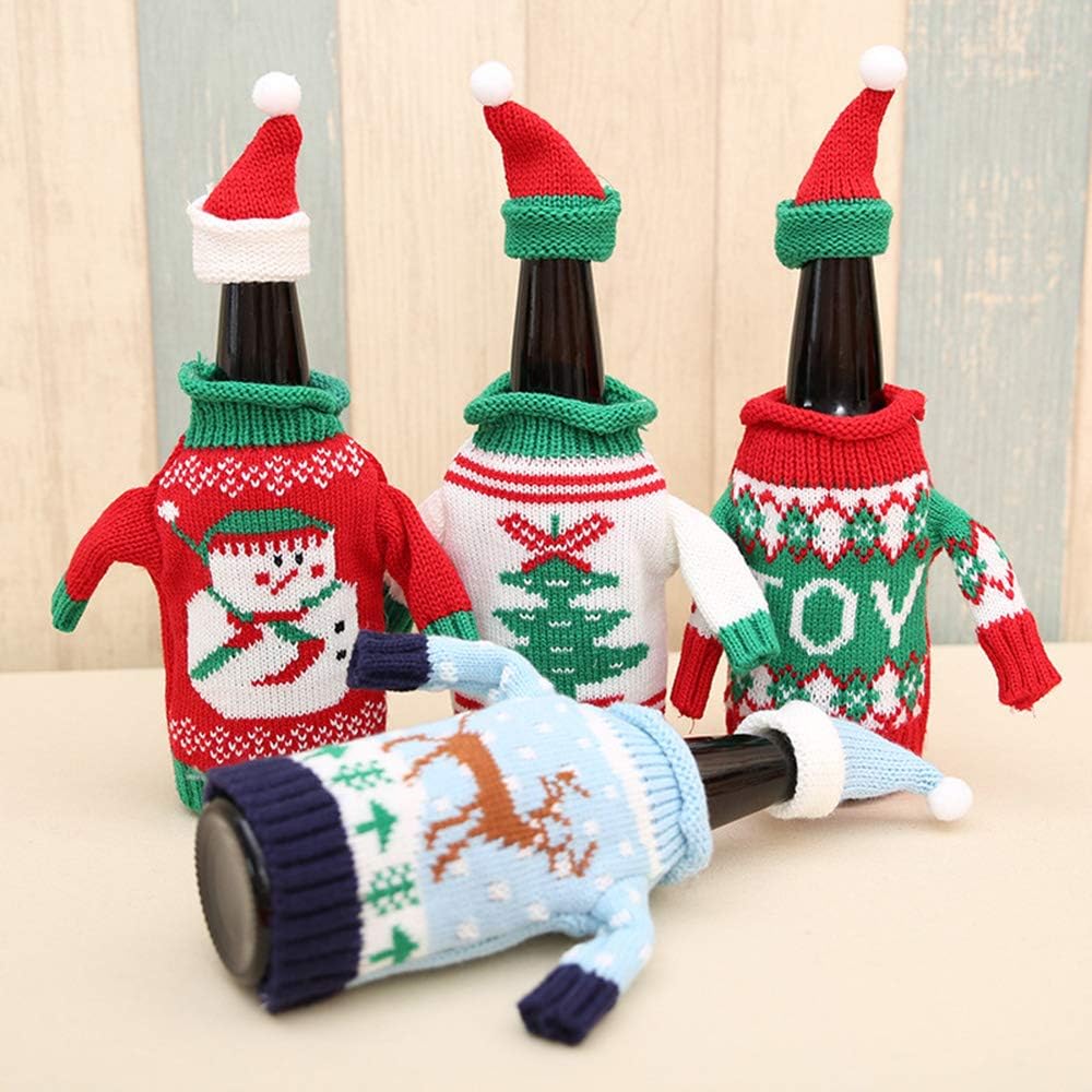 Vpang Christmas Bottle Cover Bag Knitted Wine Bottle Sweaters Cover Dress with Hat Set of 4