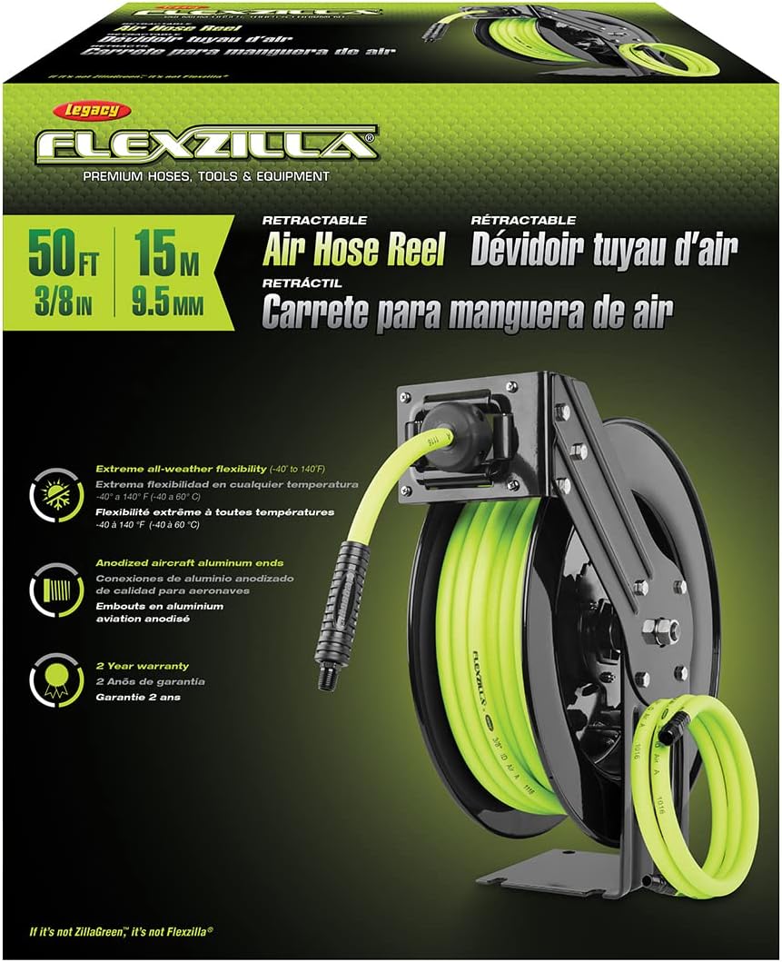 Flexzilla Open Face Retractable Air Hose Reel, 3/8 in. x 50 ft., Heavy Duty, Lightweight, Hybrid, ZillaGreen - L8611FZ