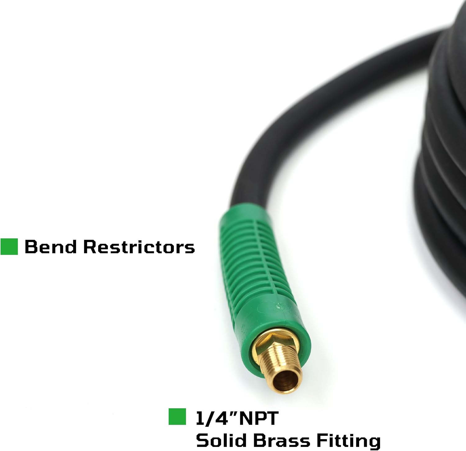 DYNAMIC POWER Premium Black Rubber Air Hose 3/8" x 50' 300 PSI Assembly with 1/4" Male Pipe Thread Fittings & Bend Restictors.