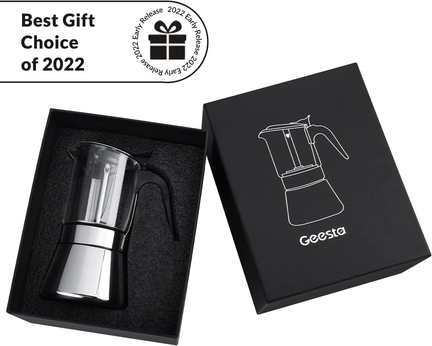 Geesta Premium Crystal Glass-Top Stovetop Espresso Moka Pot - 4/6/ 9 Cups - Stainless Steel Coffee Maker- 160ml/5.6oz/4 cup (espresso cup=40ml)
