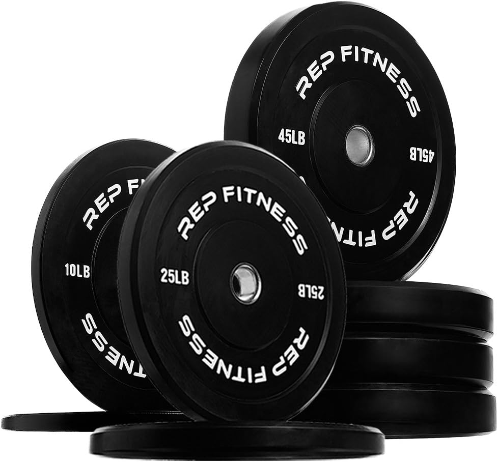 REP Fitness Rubber Bumper Plates, 5Lb to 370 lb Set Pairs, Olympic Standard Weights, Shock Absorbing Low Bounce Design, For Home Gyms, Fitness Centers, Strength Workouts, Barbell Use