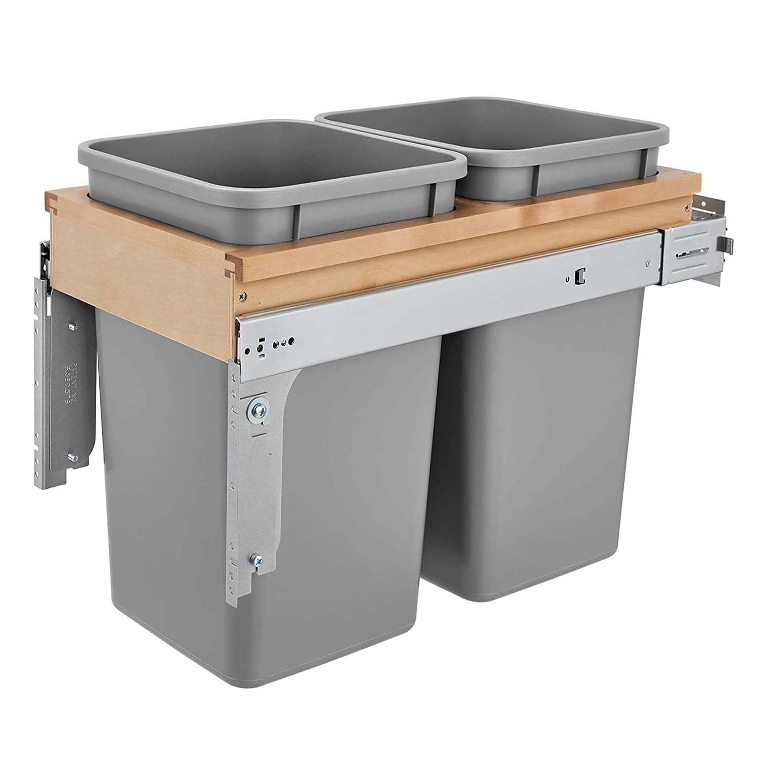 Rev-A-Shelf Double Pullout Trash Can, Min Cabinet Opening 18" W, 50 Qt | w/ Soft-Close, Under Cabinet Waste/Recycling Bin w/ Lid, Silver, 4WCSC-2150DM-2