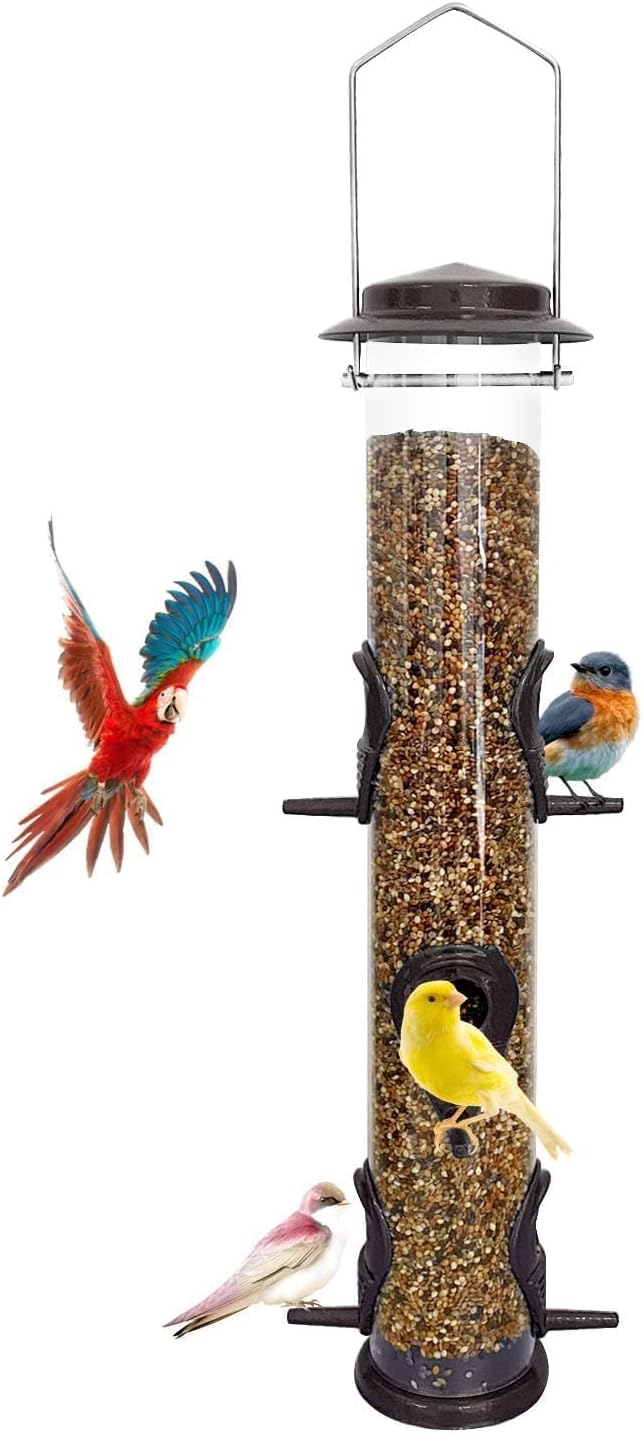 MIXXIDEA 1PK Metal Bird Feeders with 6 Feeding Ports, Tube Bird Feeder with Steel Hanger, Hard Plastic Wild Bird Feeder for Outdoors Hanging