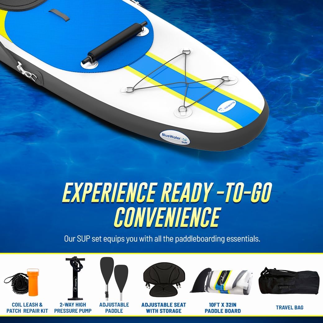 Blue Water Toys Inflatable Crossover Stand Up Paddle Board/Kayak Kit - Pump, Backpack, Coil Leash, Paddles, Detachable Seat, SUP 300 Pound Limit