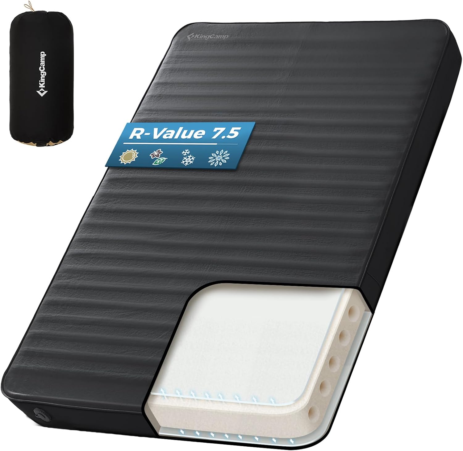 KingCamp Premium Double Camping Mattress, 7.5 R-Value, 2 Person Black