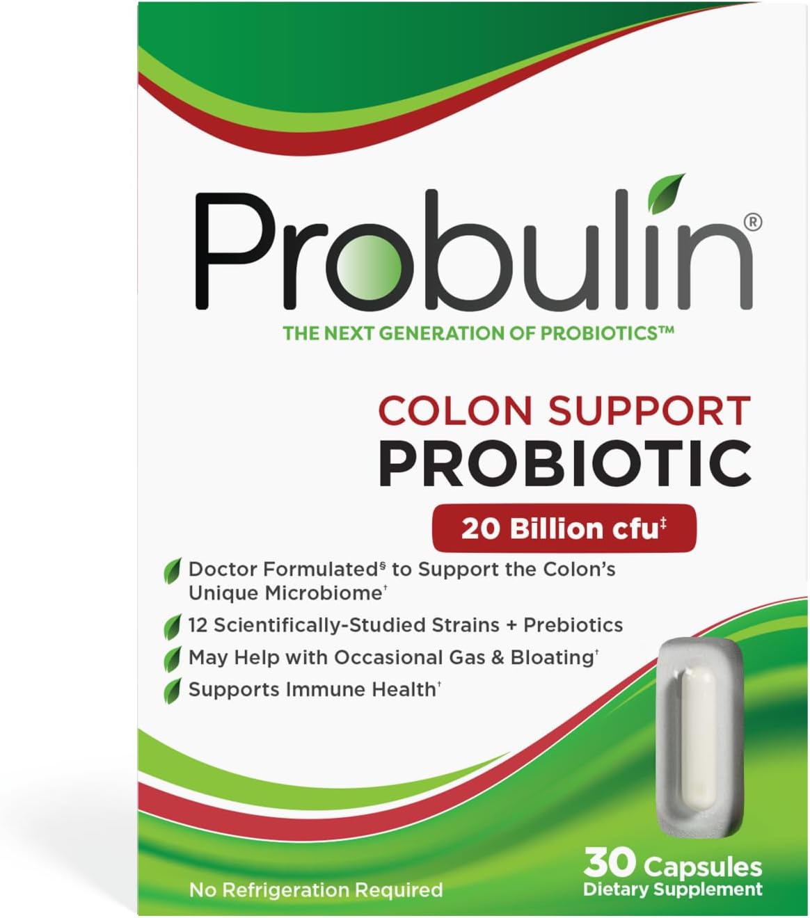 Probulin Colon Support Daily Probiotic + Prebiotic + Support Gut Health, Occasional Gas and Bloating - 20 Billion CFU - 12 Strains, 30 Vegan Capsules