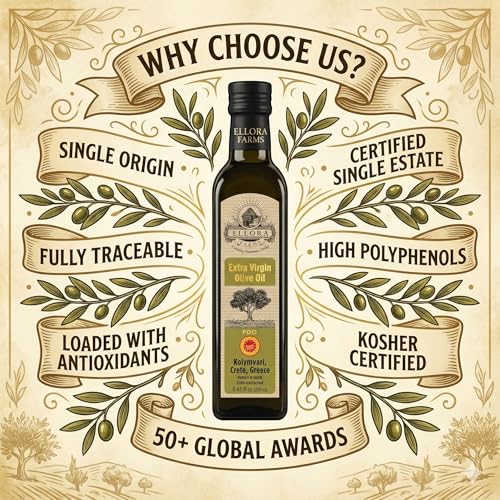 Ellora Farms, Greek Extra Virgin PDO Olive Oil, Traceable and Certified Single Estate, Kosher EK, 33.8 oz. Tin and 8.45 oz. Glass bottle Combo Pack