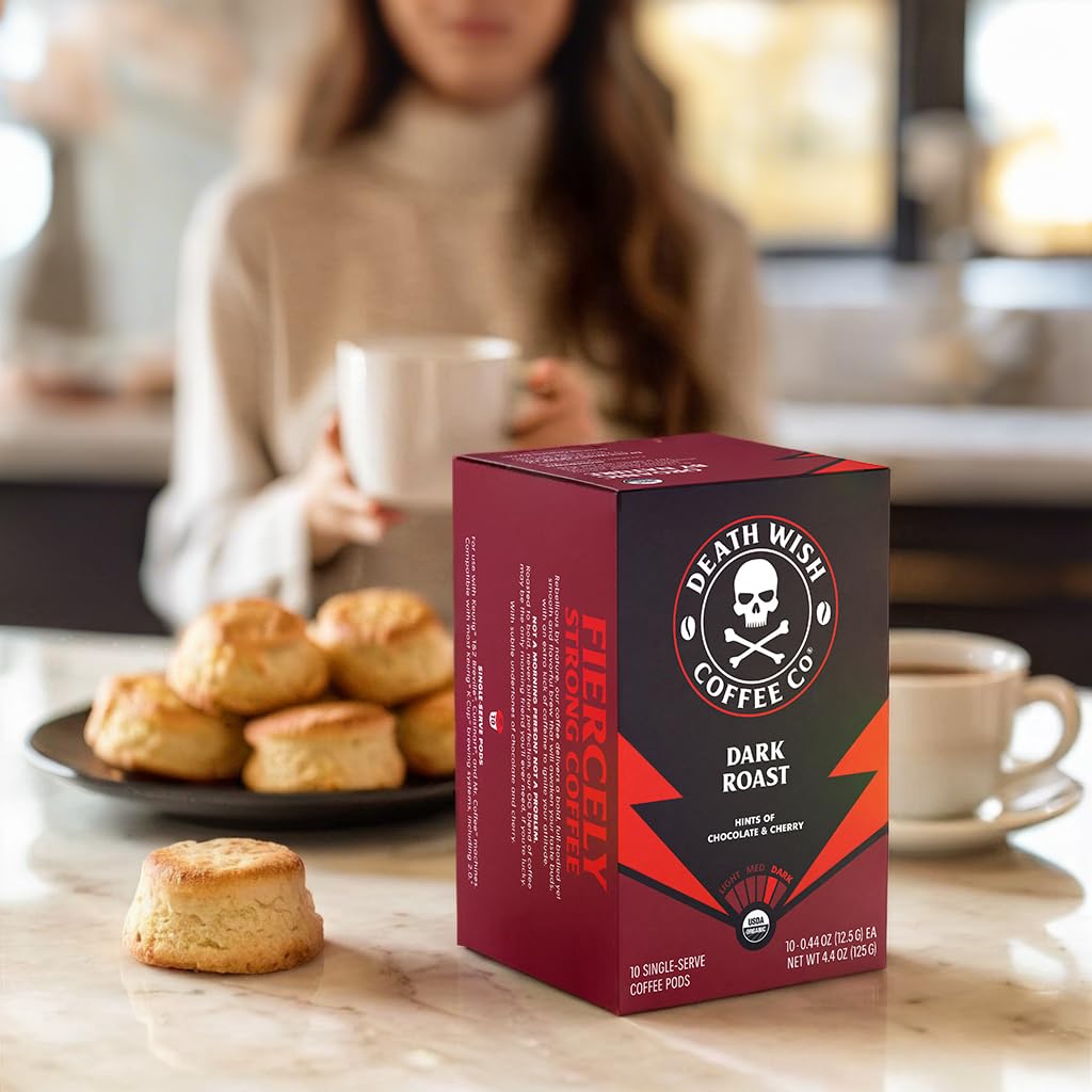 Death Wish Coffee Dark Roast Single Serve Coffee Pods, Organic, 50 Count | Fair Trade Arabica & Robusta, Baker's Chocolate & Cherry Notes, Low Acidity, Heavy Smooth Body, Bold & Intense