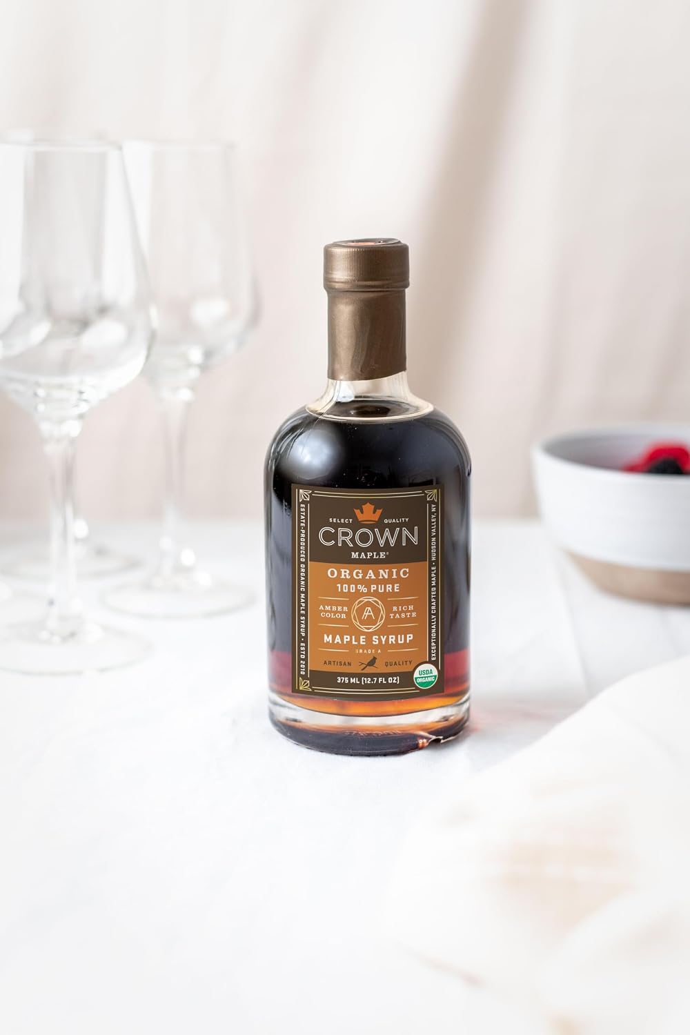 Crown Maple Organic 100% Pure Amber Color Rich Taste Maple Syrup, Flavor Marinades, Cocktails, Pancakes, Squash & Bacon, 12.7 Fl Oz