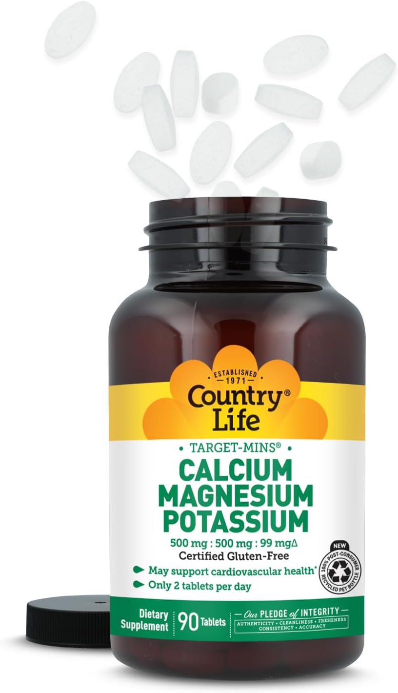 Country Life Target-Mins Calcium Magnesium Potassium, 180 Tablets | 500 mg calcium, 500 mg magnesium and 99 mg potassium per 2-tablet serving; certified gluten-free