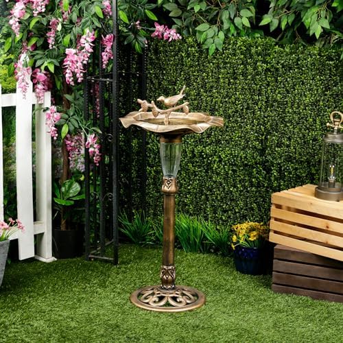 Alpine Corporation | 31" Tall Outdoor Birdbath with 2 Bird Figurines — Shallow and Wide Bird Feeder, Bronze Garden Accent