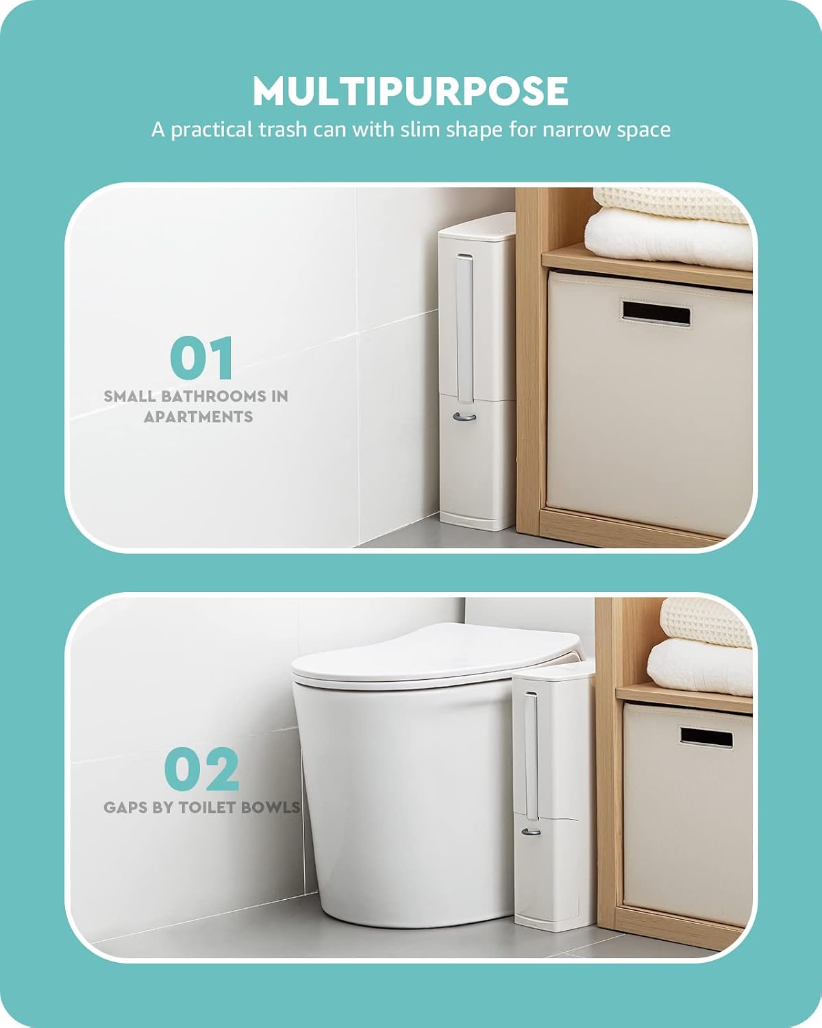 Baffect 2 Liter White Slim Bathroom Trash Can with Lid and Toilet Brush Holder | RV Small Bathroom Trash Bin With Hidden Long Handle Toilet Rim Brush