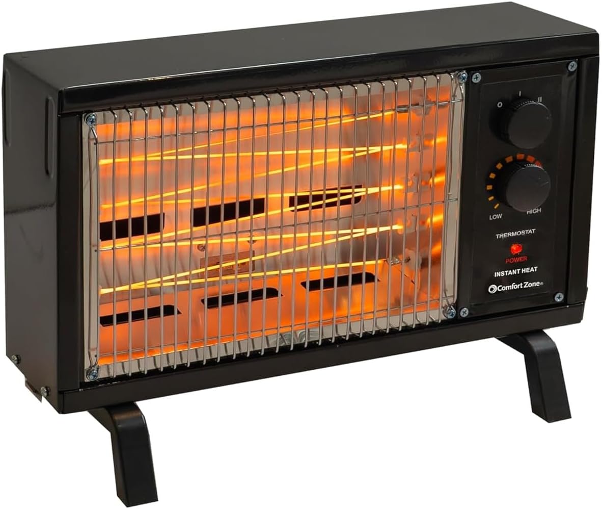 Comfort Zone Portable Indoor Radiant Space Heater, 1500 watts, Adjustable Thermostat, All Metal Body, Wire Element, Overheat Protection, Radiant Heat