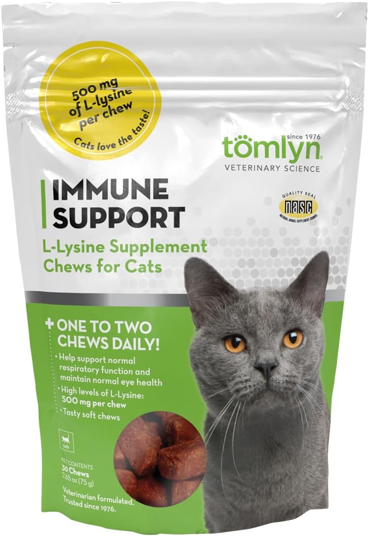 Tomlyn Immune Support Daily L-Lysine Supplement, Fish-Flavored Lysine Chews for Cats and Kittens, 30ct