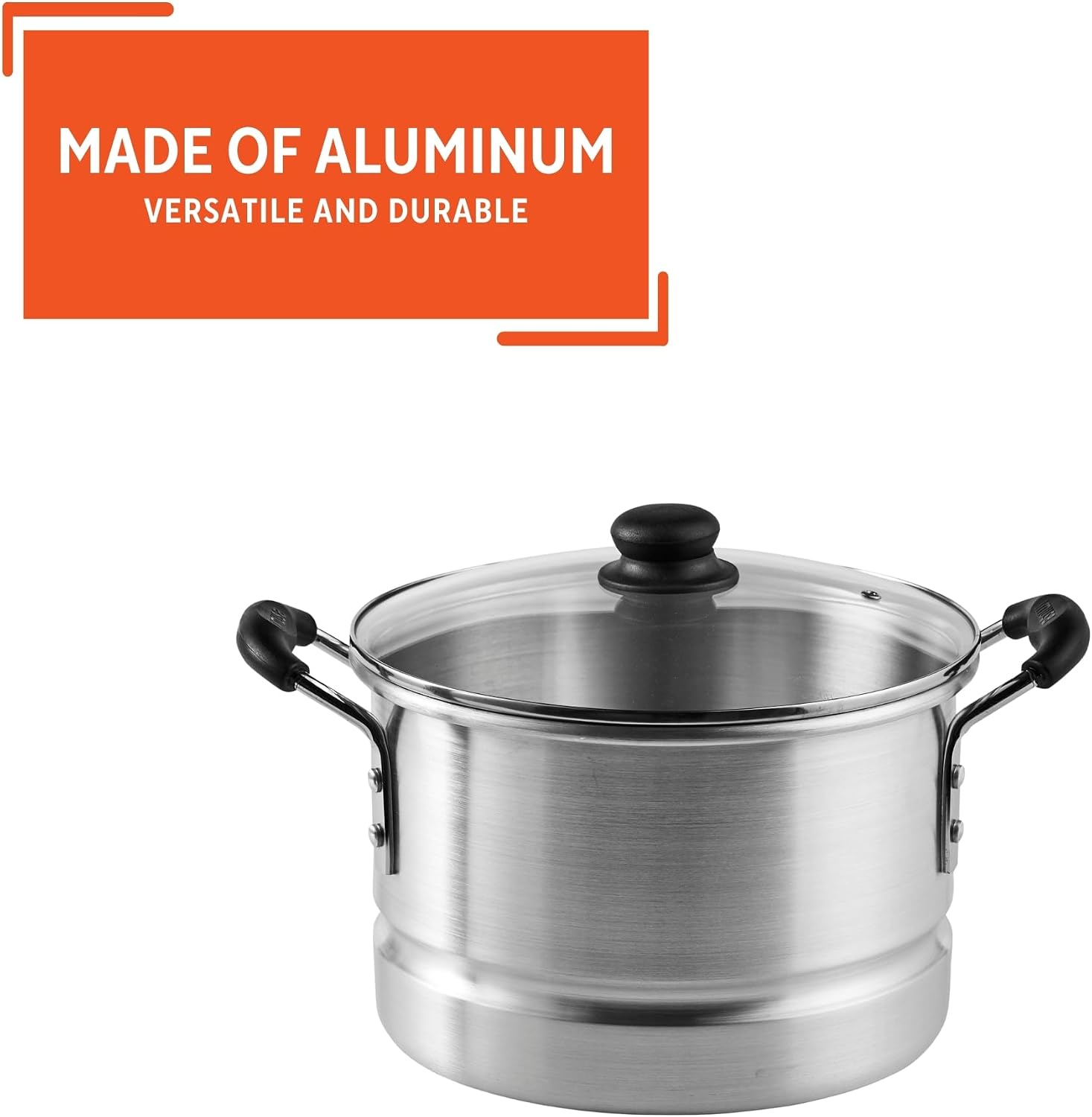 IMUSA USA MEXICANA-410 Aluminum Steamer with Glass Lid 10-Quart, Silver, 10Qt | Brushed Finish, Cool-Touch Handles with Glass Lid, Ideal for Tamales, Great for Family Meals