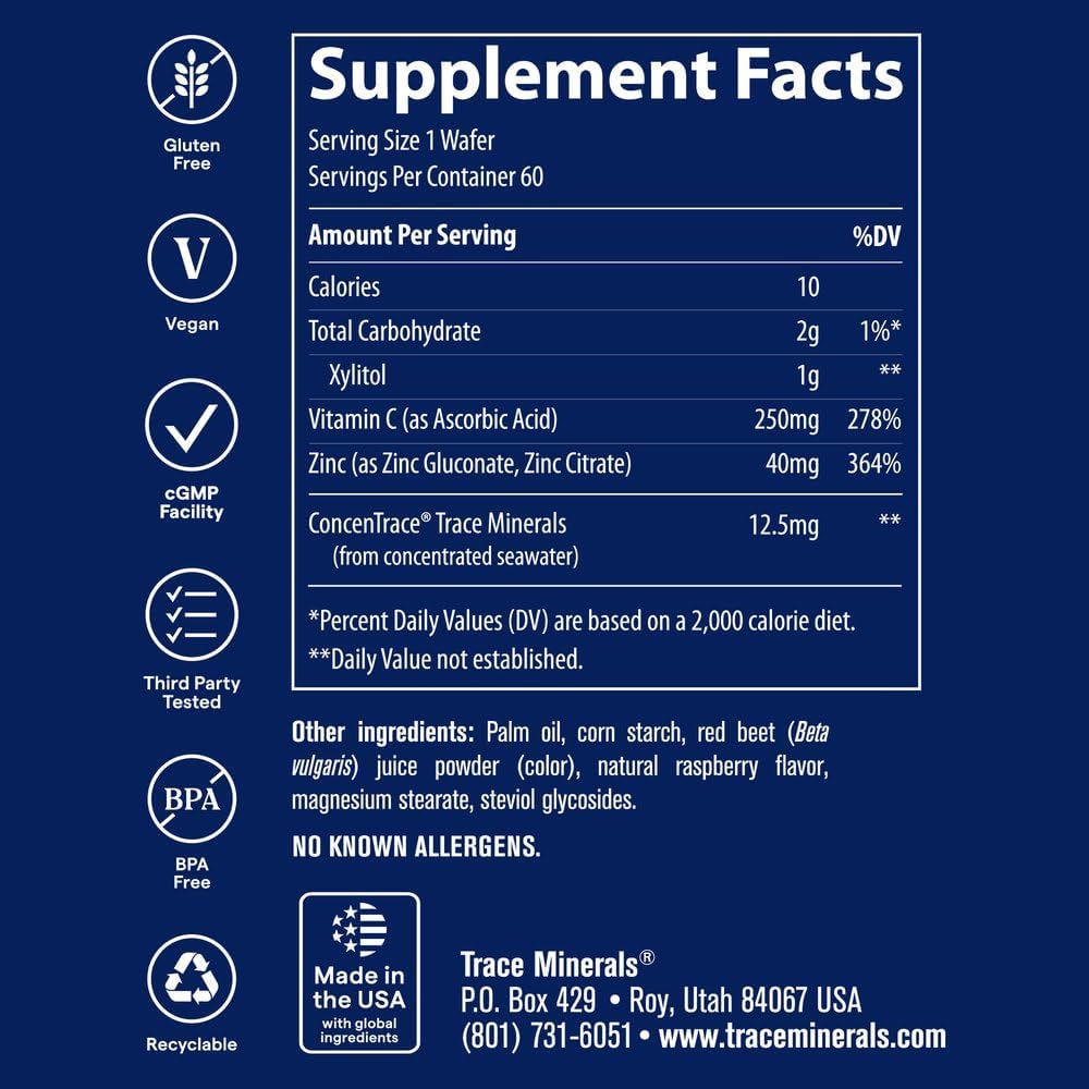 Trace Minerals Zinc + Vitamin C Chewable Supplement, 60 CT, Immune Support | Full spectrum of ionic minerals, Enzyme function and antioxidant activity