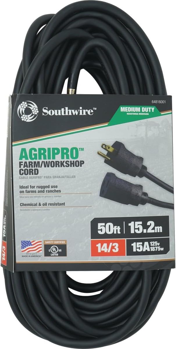 Southwire AGRIPRO 12/3 Heavy Duty Extension Cord, 25ft, Farm/Workshop Cord, SJTOW, Black, 67729001