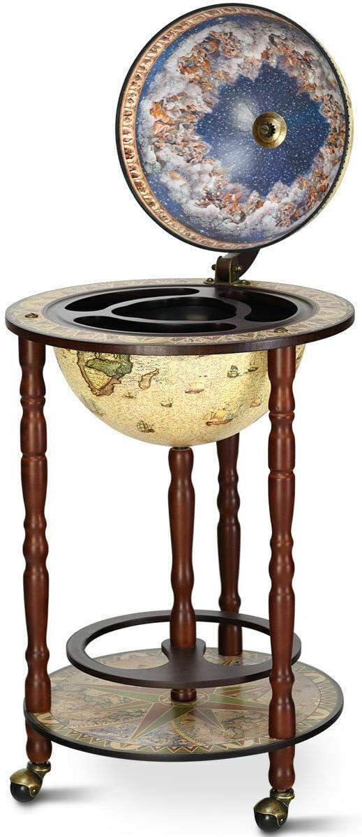 17" Wood Globe Wine Bar Stand Liquor Bottle Shelf Cart 16th Century Italian Rack