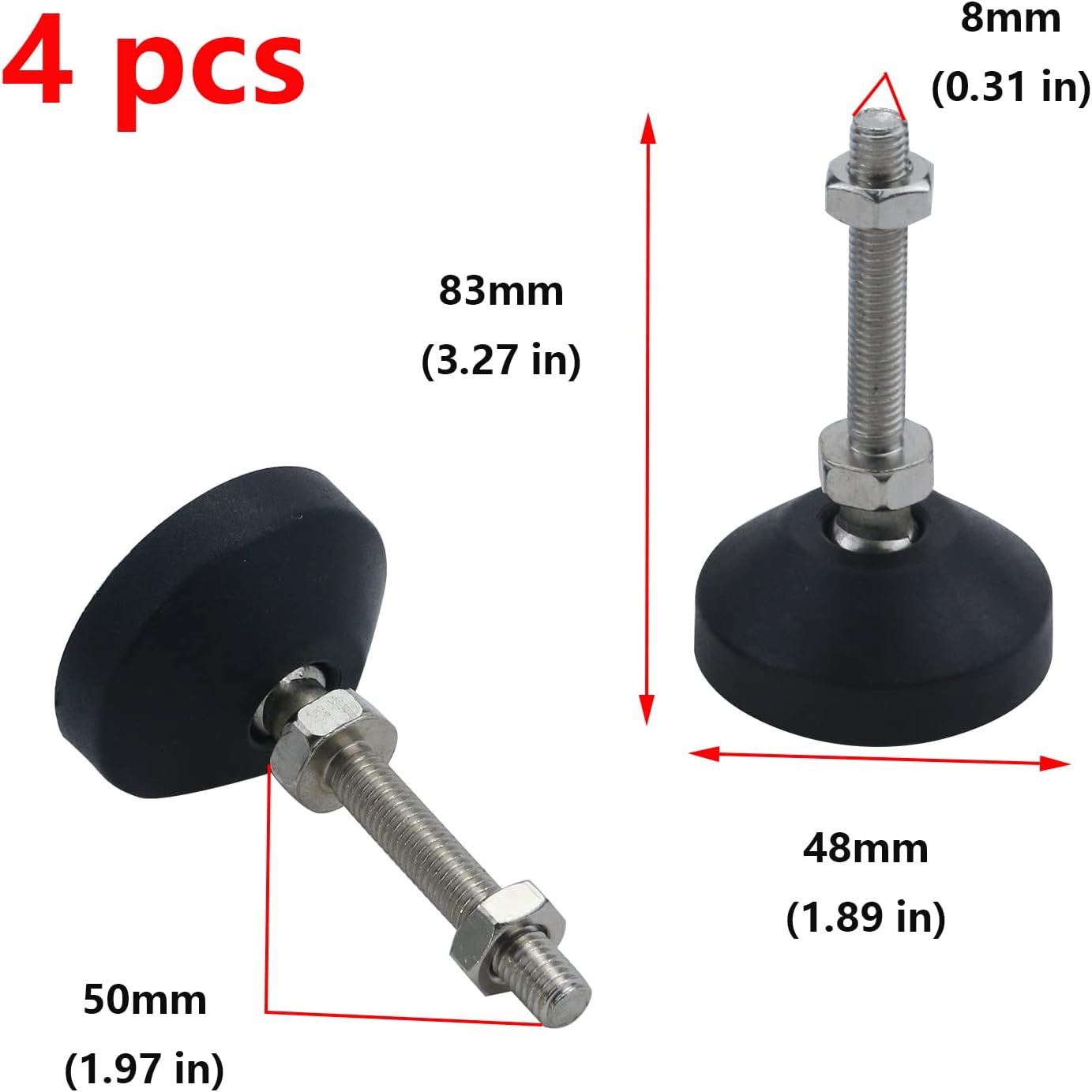 Antrader 4Pcs M8 x 2 Inch Steel Adjustable Leveling Feet,2 Inch Nylon Base | Reinforced Articulated Foot Cups for Furniture & Equipment,Anti-slip Dotted Rubber Base,Reduce Vibration & Protect Floors