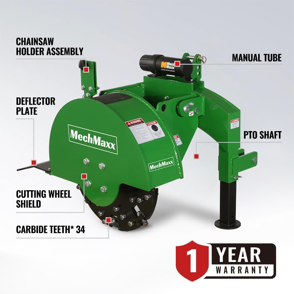 MechMaxx Heavy Duty 3-Point PTO Powered Stump Root Grinder For 15-45HP Tractors With 34 Carbide Teeth, 6'' Cutting Depth, 24'' Flywheel Diameter, Model SG24 Orange