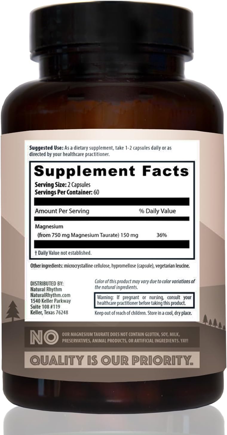 Magnesium Taurate 750mg (150mg Elemental Magnesium) – 120 Vegetarian Capsules – High-Absorption Magnesium Taurate Supplement for Heart, Muscle