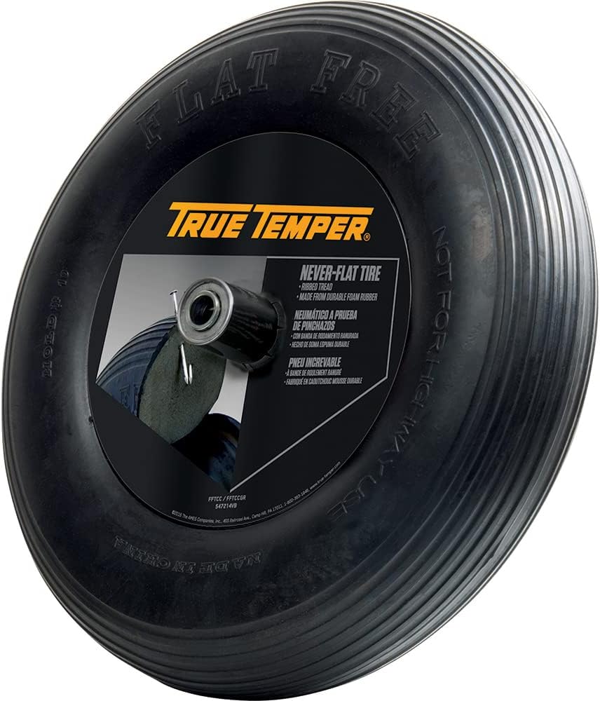 True Temper FFTCC 8 in. Hub Never Flat Wheelbarrow Tire with Ribbed Tread, 8-Inch,Black
