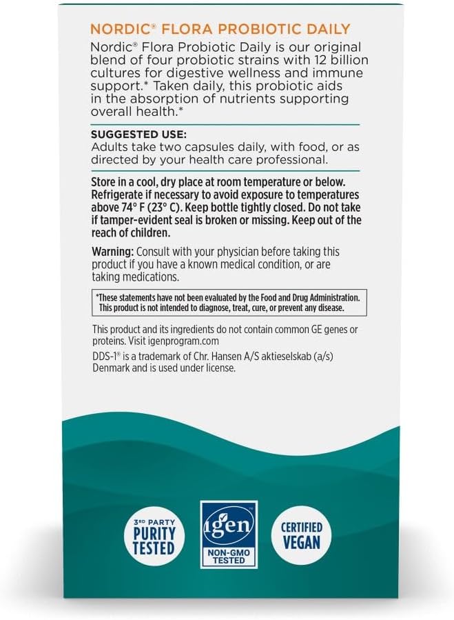 Nordic Naturals Nordic Flora Probiotic Daily, Immune Support - 60 Count | 4 strains, 12 billion CFU. Supports immune health, digestive wellness & optimal gut function. Vegan, Non-GMO. 30 servings.