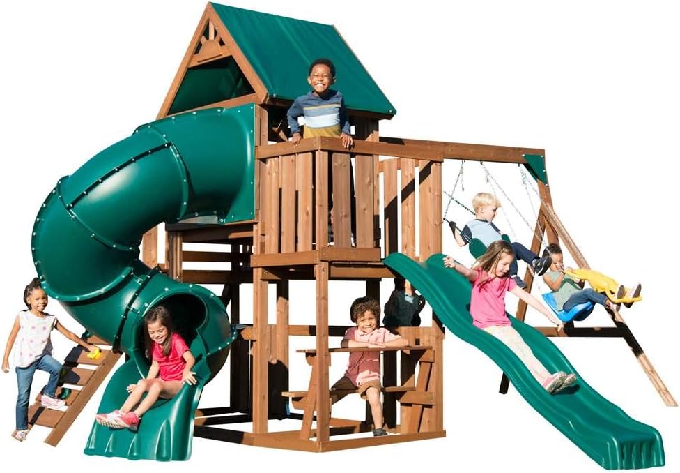 Swing-N-Slide WS 8359 Tellico Terrace Wood Swing Set with Two Slides, Climbing Wall & Swings, Brown