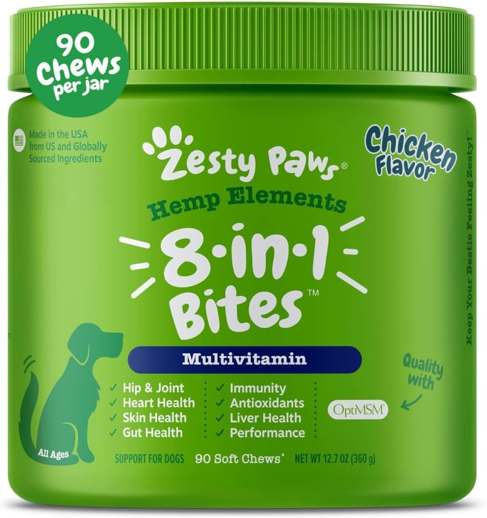 Zesty Paws Dog Multivitamin, Chewable Dog Vitamins and Supplements for Hip & Joints, Skin & Coat, Omega 3 Fish Oil for Dogs- Senior & Puppy Multivitamin- Chicken- 90ct
