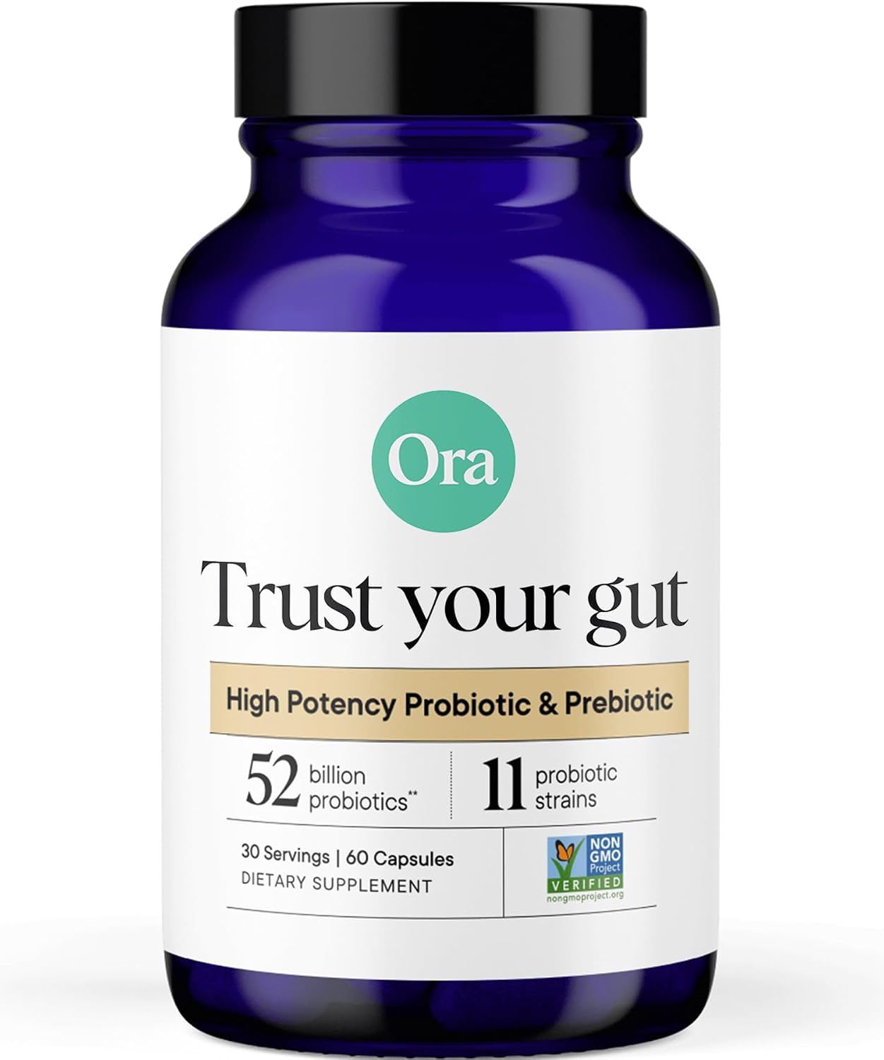 Ora Organic Vegan Probiotic and Prebiotic Capsules | 16 Billion Probiotics + Organic Prebiotics, Dairy-Free, Gluten-Free, for Sensitive Stomachs- 1 Month Supply (60 Capsules)