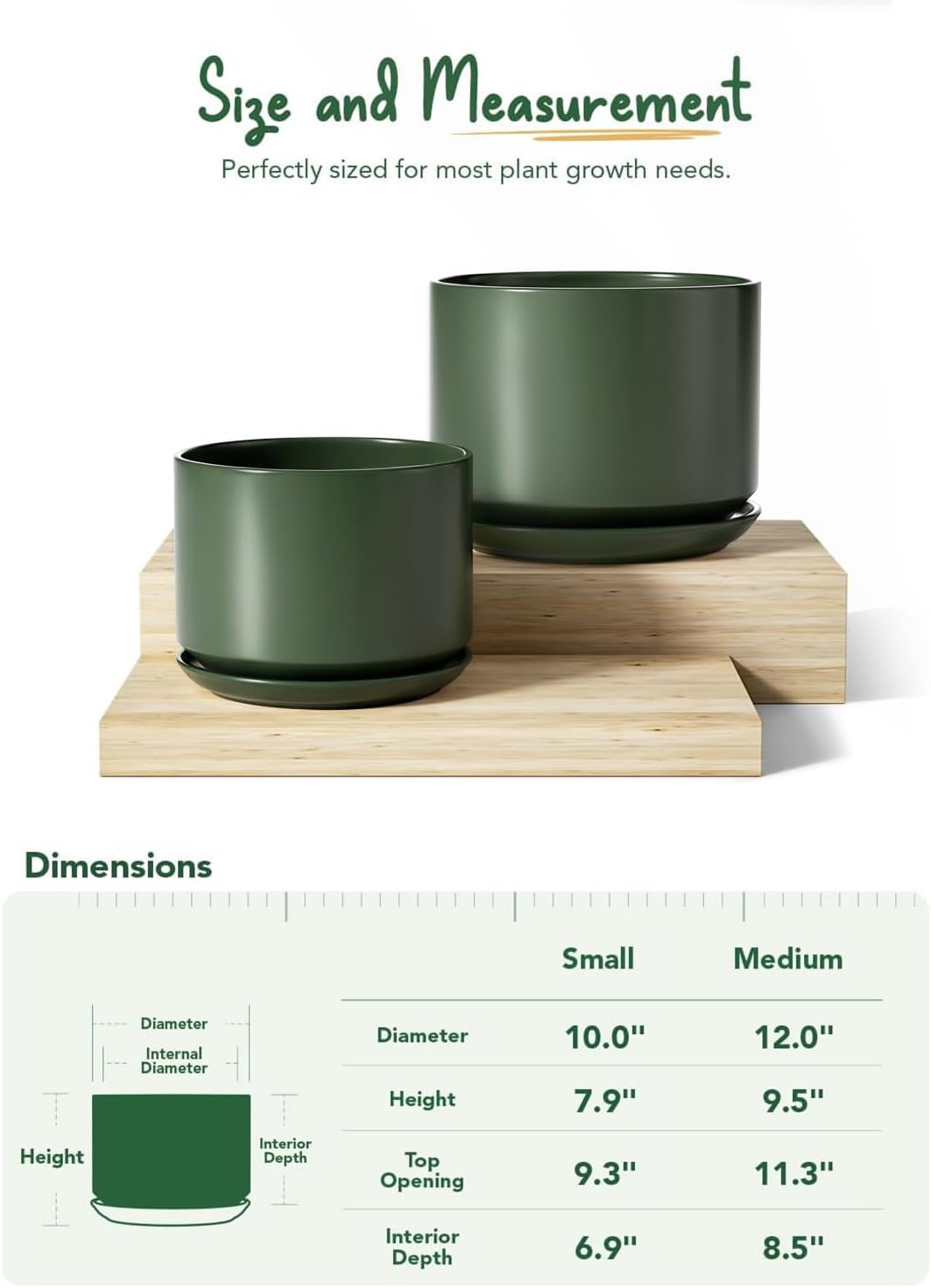 LE TAUCI Ceramic Plant Pots, 4.3+5.3+6.8 inch, Set of 3, Planters with Drainage Hole and Saucer, Indoor Flower Pot with Hole Mesh Pad, Gifts for Mom