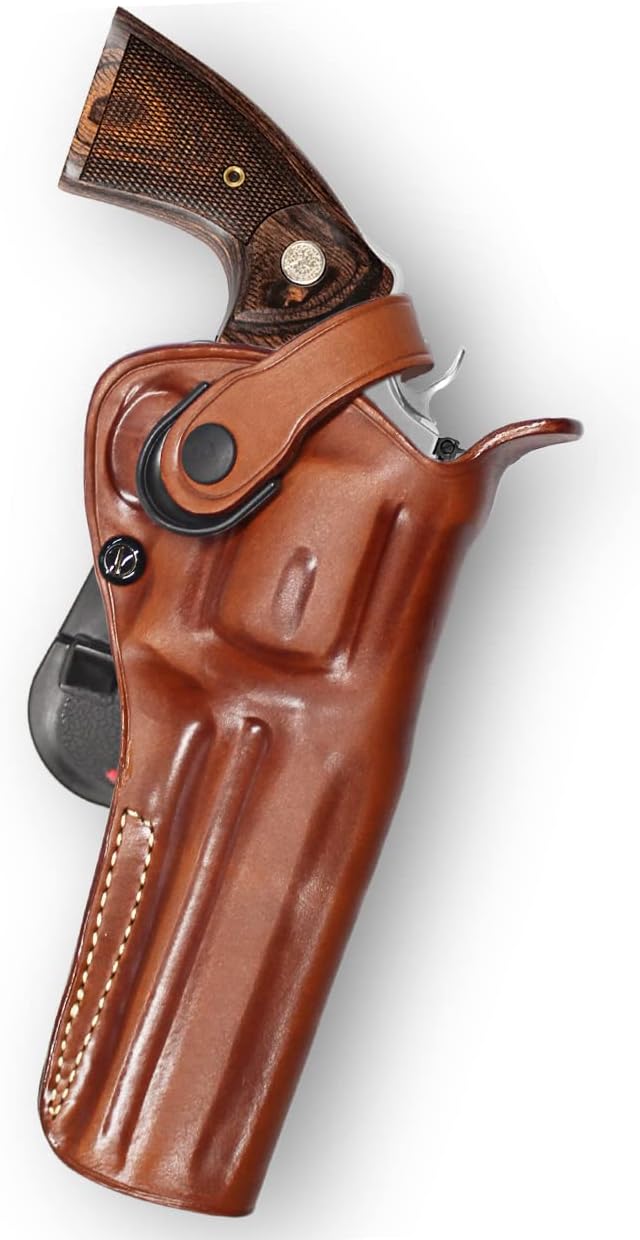 Masc OWB Leather Paddle Revolver Holster with Retention Strap, Fits Python .357 Magnum 6-inch, Right Hand Draw Brown Color #1306#
