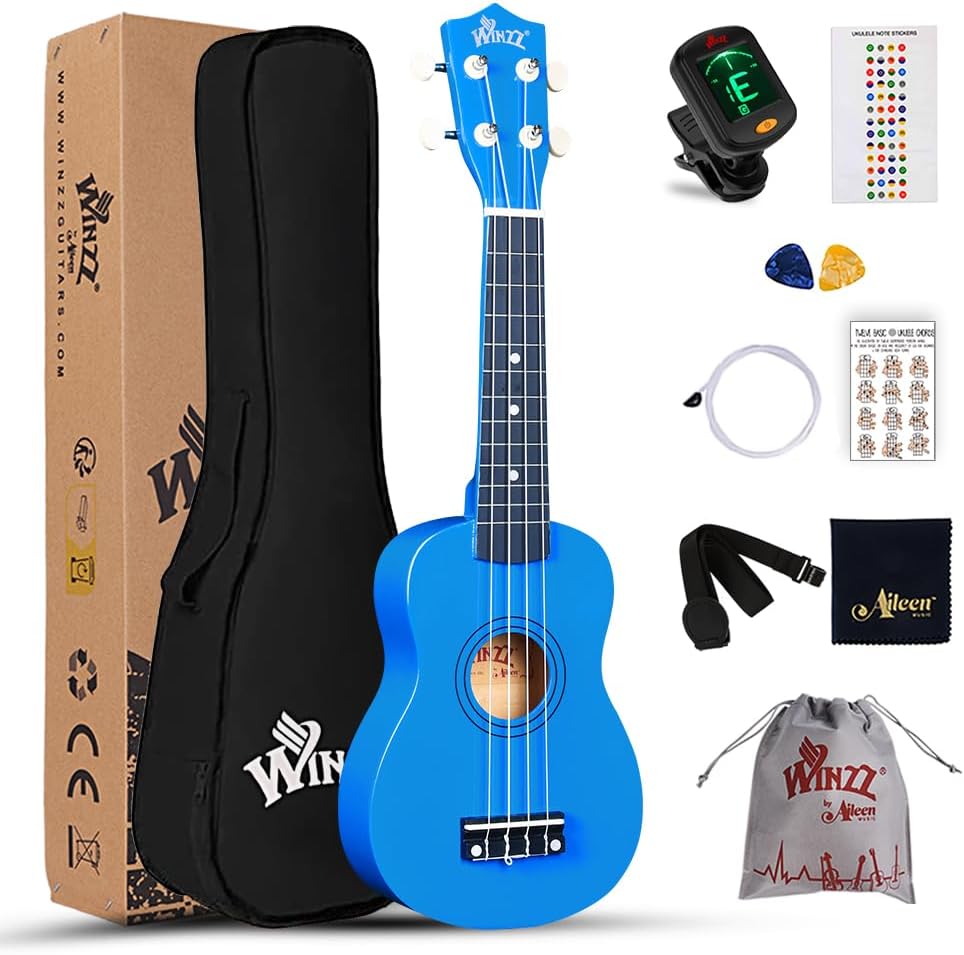 Winzz Soprano Ukulele Starter Kit For Beginners with Bag, Clip-On Tuner, Extra Strings, Strap, Plectrum, Fret Stickers, Chords Card, Polishing Cloth, Black