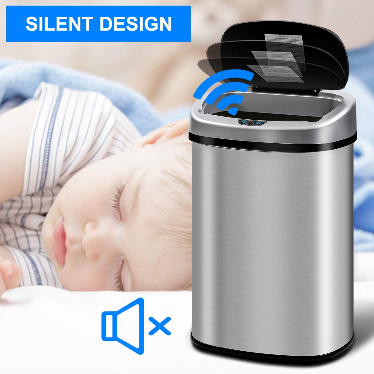 Dkeli 13 Gallon Automatic Motion Sensor Trash Can, Stainless Steel Touchless Kitchen Trash Can with Lid, 50L High-Capacity Office Bathroom Bedroom Garbage Bin