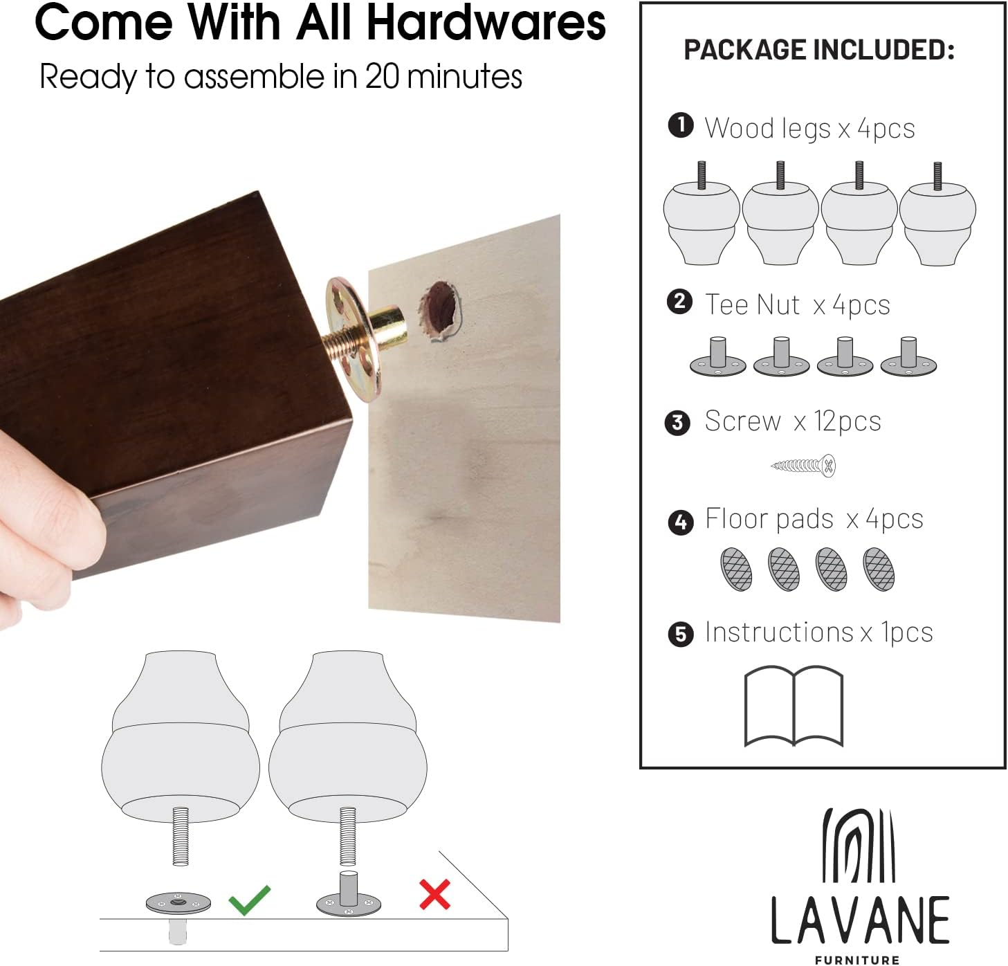 La Vane 6 inch / 15cm Wooden Furniture Legs, Set of 4 European Style Solid Wood Carving Furniture Replacement Feet Decoration for Sofa Cabinet Wardrobe Table Loveseat