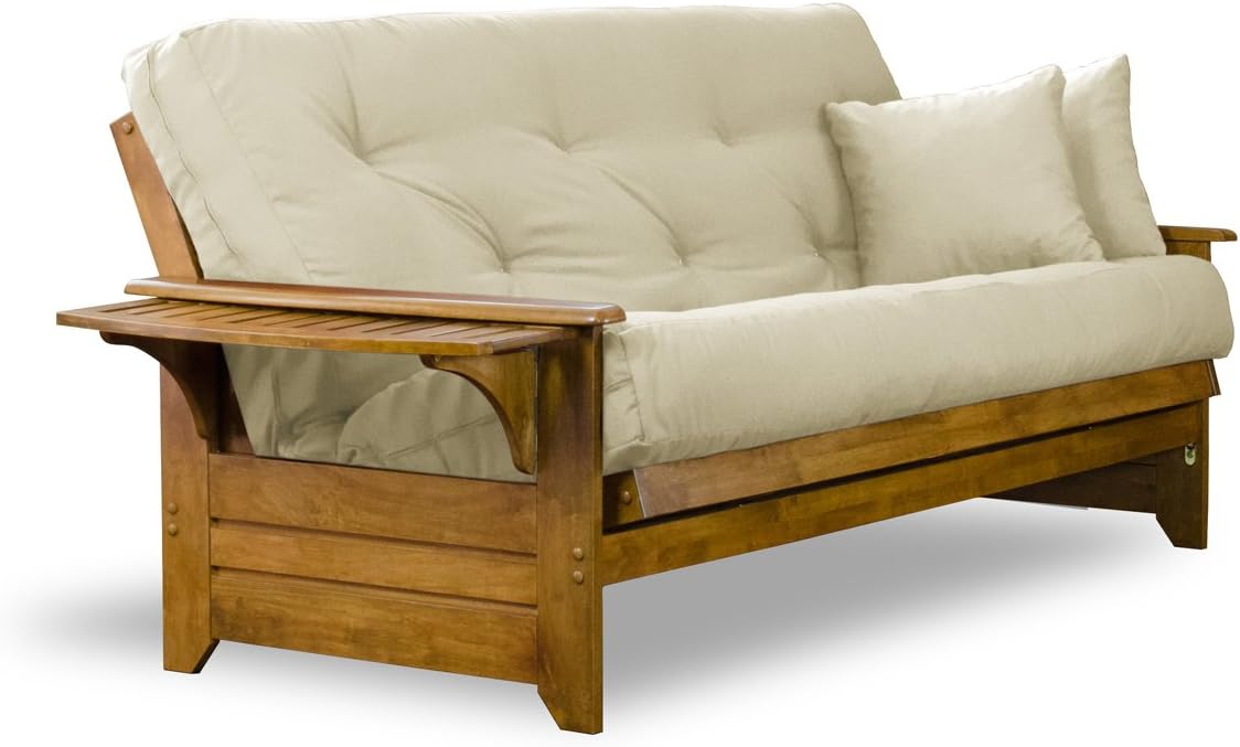 Brentwood Tray Arm Futon Sofabed Set - Queen Frame, 8" Microfiber Fudge Mattress, Heritage Finish