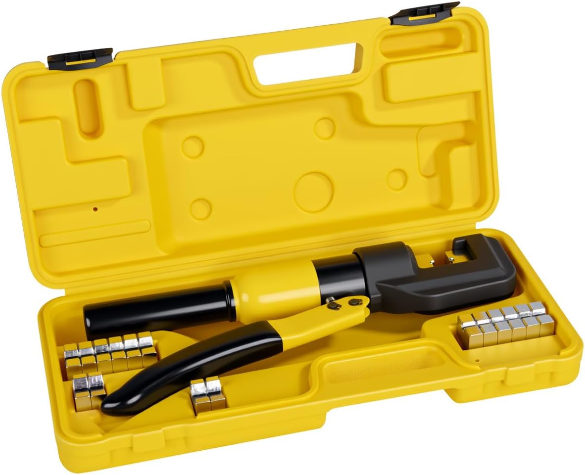 10 Tons Hydraulic Crimping Tool, 12 to 2/0 AWG battery cable crimper | 9 Pairs of Dies hydraulic crimper, for Battery Cable Lugs, Cable Railing, Marine, RV and Solar Wiring