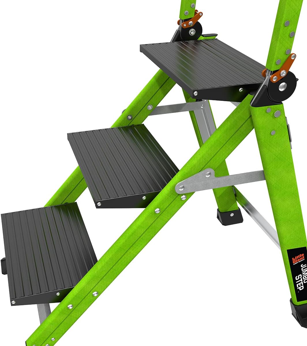 Little Giant Jumbo Step 3-Step Foldable 2.2 ft Aluminum Stool, 11903 | Foldable Aluminum Step Stool, Extra-Wide Stair-Like Treads, Rotating Handrail, Tool Tray, 375 lbs. Weight Capacity