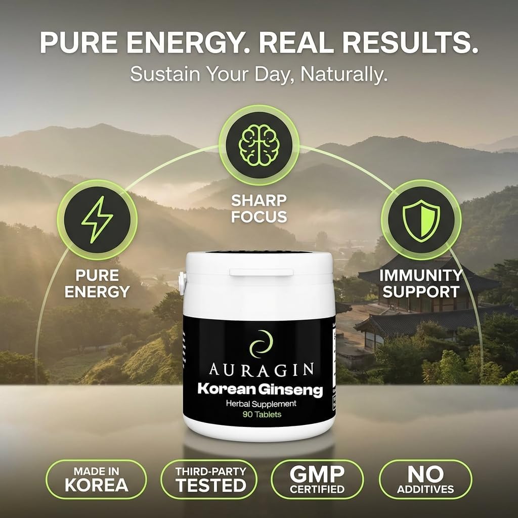 Auragin® Authentic Korean Red Ginseng – Made in Korea – 6 Year Roots – No Additives or Other Ingredients – 100% Red Panax Ginseng in Every