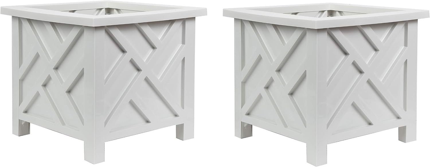 Trenton Gifts Chippendale White Planter Box Set of 2 - Elegant Outdoor Plant Pot for Patio, Porch Decor, and Garden Display