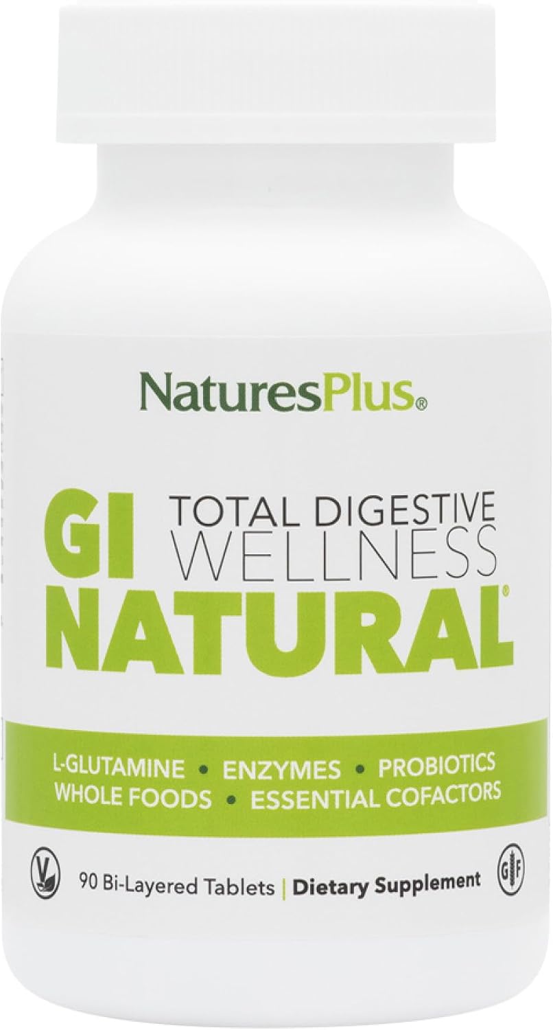 NaturesPlus GI Natural Total Digestive Wellness - 90 Bi-Layered Tablets - with L-Glutamine, Probiotics, Prebiotics & Enzymes - Gluten Free - 30 Servings